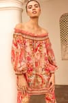 Shop_Zariaah_Pink Viscose Silk Hand Sketched Print Lotus Bloom Off Shoulder Top  _Online_at_Aza_Fashions