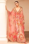 Buy_Zariaah_Pink Chiffon Hand Sketched Print Lotus Bloom Plunged V Tab Kaftan  _at_Aza_Fashions