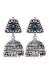 Shop_Sangeeta Boochra_Silver Plated Foil Printing, Stones Firoza Embellished Jhumkas _at_Aza_Fashions