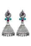 Shop_Sangeeta Boochra_Silver Plated Peacock Carved Jhumkas _at_Aza_Fashions