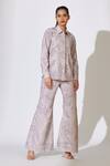 Koai_Grey Cotton, Poplin Embroidery Floral And Leaf Flared Pant _Online_at_Aza_Fashions