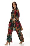 KoAi_Beige Heavy Cotton Silk Printed Garden Flared Pant _Online_at_Aza_Fashions