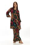 Shop_KoAi_Beige Heavy Cotton Silk Printed Garden Flared Pant _Online_at_Aza_Fashions