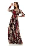 Buy_KoAi_Brown Chiffon Printed Floral V Neck Maxi Shirt Dress _at_Aza_Fashions