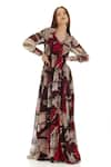 KoAi_Brown Chiffon Printed Floral V Neck Maxi Shirt Dress _Online_at_Aza_Fashions