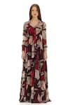 Buy_KoAi_Brown Chiffon Printed Floral V Neck Maxi Shirt Dress _Online_at_Aza_Fashions