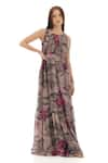 Buy_KoAi_Grey Chiffon Printed Botanical Round Maxi Dress _Online_at_Aza_Fashions