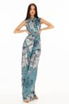 KoAi_Blue Muslin Cotton Silk Floral Band Collar Botanic Pattern Jumpsuit _Online_at_Aza_Fashions