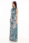 Buy_KoAi_Blue Muslin Cotton Silk Floral Band Collar Botanic Pattern Jumpsuit _Online_at_Aza_Fashions