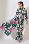 Shop Koai Green Poplin Flower Pattern Flared Pant Online at Aza Fashions Shop_Koai_Green Poplin Flower Pattern Flared Pant _Online_at_Aza_Fashions