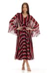 Buy_Koai_Red Chiffon V-neck Printed Stripe Flared Dress _at_Aza_Fashions