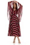 Koai_Red Chiffon V-neck Printed Stripe Flared Dress _Online_at_Aza_Fashions