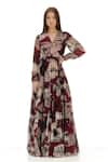 Buy_KoAi_Brown Chiffon Printed Floral V Neck Pattern Wrap Dress _at_Aza_Fashions