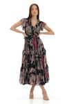 KoAi_Green Chiffon Printed Floral V Neck Pattern Ruffle Dress _Online_at_Aza_Fashions