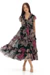Buy_KoAi_Green Chiffon Printed Floral V Neck Pattern Ruffle Dress _Online_at_Aza_Fashions