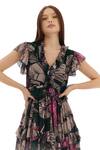 KoAi_Green Chiffon Printed Floral V Neck Pattern Ruffle Dress _at_Aza_Fashions