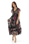 Shop_KoAi_Green Chiffon Printed Floral V Neck Pattern Ruffle Dress _at_Aza_Fashions