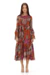 Koai_Orange Chiffon Round Neck Flared Floral Print Dress _Online_at_Aza_Fashions