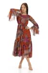 Buy_Koai_Orange Chiffon Round Neck Flared Floral Print Dress _Online_at_Aza_Fashions