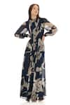 Shop_KoAi_Blue Chiffon Printed Floral Zero Neck Bishop Sleeves Shirt Dress _Online_at_Aza_Fashions