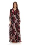 KoAi_Beige Chiffon Printed Floral V Neck Pattern Kaftan Dress _Online_at_Aza_Fashions