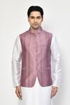 Shop_Arihant Rai Sinha_Purple Satin, Cotton Stripe Print Bundi Set_Online_at_Aza_Fashions