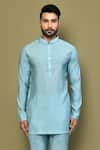 Buy_Arihant Rai Sinha_Blue Silk Plain Mandarin Collar Short Kurta Set _Online_at_Aza_Fashions