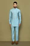 Shop_Arihant Rai Sinha_Blue Silk Plain Mandarin Collar Short Kurta Set _Online_at_Aza_Fashions