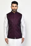 Shop_Arihant Rai Sinha_Purple Cotton Blend Embroidery Peacock Feather Bundi Kurta Set _Online_at_Aza_Fashions