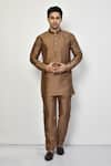 Buy_Arihant Rai Sinha_Gold Silk Plain Mandarin Collar Solid Kurta And Pant Set _at_Aza_Fashions