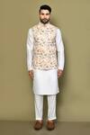 Shop_Arihant Rai Sinha_Cream Kurta And Pant Cotton Blend Embroidery Thread Flower Print Bundi & Set _Online_at_Aza_Fashions