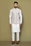 Shop_Arihant Rai Sinha_Green Kurta And Pant Cotton Blend Embroidery Thread Linen Bundi & Set _Online_at_Aza_Fashions