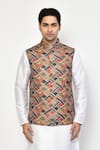 Shop_Arihant Rai Sinha_Brown Kurta And Pant Cotton Blend Printed Square Bundi & Set _Online_at_Aza_Fashions