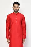 Buy_Arihant Rai Sinha_Red Silk, Cotton Straight Mandarin Collar Kurta Set _Online_at_Aza_Fashions