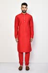 Shop_Arihant Rai Sinha_Red Silk, Cotton Straight Mandarin Collar Kurta Set _Online_at_Aza_Fashions