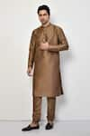 Buy_Arihant Rai Sinha_Brown Kurta And Churidar Silk Plain Straight Long Mandarin Collar Set _at_Aza_Fashions