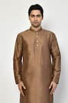 Buy_Arihant Rai Sinha_Brown Kurta And Churidar Silk Plain Straight Long Mandarin Collar Set _Online_at_Aza_Fashions