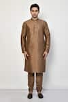 Shop_Arihant Rai Sinha_Brown Kurta And Churidar Silk Plain Straight Long Mandarin Collar Set _Online_at_Aza_Fashions