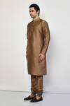 Arihant Rai Sinha_Brown Kurta And Churidar Silk Plain Straight Long Mandarin Collar Set _at_Aza_Fashions