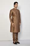 Buy_Arihant Rai Sinha_Brown Kurta And Churidar Silk Plain Straight Long Mandarin Collar Set 