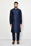 Shop_Arihant Rai Sinha_Blue Kurta And Churidar Silk Plain Mandarin Collar Dark Set _Online_at_Aza_Fashions