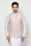Shop_Arihant Rai Sinha_White Cotton, Silk Embroidery Leaflet Motif Bundi Kurta Set _Online_at_Aza_Fashions