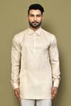 Shop_Arihant Rai Sinha_Beige Satin Print Fleur Garden Collared Short Kurta With Pant _Online_at_Aza_Fashions