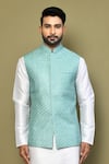 Shop_Arihant Rai Sinha_Blue Cotton Blend Embroidery Sequin Fleur Jaal Bundi Kurta Set _Online_at_Aza_Fashions