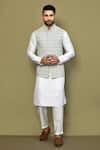 Buy_Arihant Rai Sinha_Gray Cotton, Silk Embroidery Floral Art Print Bundi Kurta Set _at_Aza_Fashions