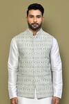 Shop_Arihant Rai Sinha_Gray Cotton, Silk Embroidery Floral Art Print Bundi Kurta Set _Online_at_Aza_Fashions