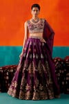 Buy_Aman Takyar_Purple Dupion Silk Embroidery Sequin Leaf Neck Tassel Drop Bridal Lehenga Set _at_Aza_Fashions