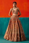 Buy_Aman Takyar_Orange Dupion Silk Embroidery Pearl Bridal Lehenga Set With Scalloped Blouse _at_Aza_Fashions