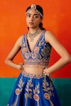 Buy_Aman Takyar_Blue Dupion Silk Embroidery Sequin V Neck Bead Drop Tassel Bridal Lehenga Set_Online_at_Aza_Fashions