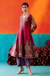 Shop_Aman Takyar_Wine Dupion Silk Embroidery Sequin V Neck Floral Kurta Pant Set_at_Aza_Fashions